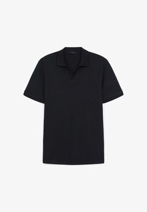 Polo nero con tessuto testurizzato, maniche corte, design a V, e colletto piatto senza loghi o motivi visibili.