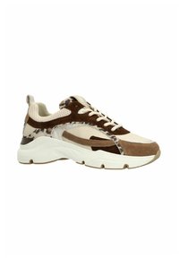 Veterschoenen met een mix van bruin suede en beige mesh, met dierenprintaccenten en een chunky witte zool.