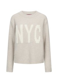 Beige gebreide trui met een grote "NYC" graphic in off-white. Ronde halslijn en lange mouwen met ribgebreide manchetten en zoom. Zachte textuur.
