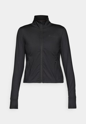 Black athletic jacket with a high collar, full front zip, long sleeves, and side pockets, made of smooth, flexible material.