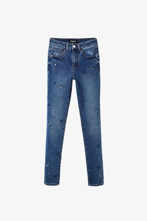 Denim jeans in dark blue with a slim fit, featuring scattered black and metallic embellishments, and a classic five-pocket design.