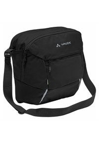 Schwarze Umhängetasche aus strapazierfähigem Material, mit einem Hauptfach mit Reißverschluss, einer Vordertasche, einem verstellbaren Tragegurt und reflektierenden Akzenten.