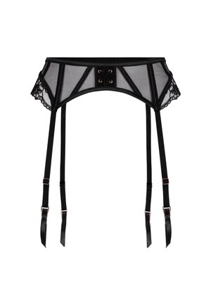 Reggicalze in rete nera con rifiniture in pizzo, dettagli in ottone color oro rosa, quattro cinturini regolabili e chiusura decorativa frontale con gancio a occhiello.