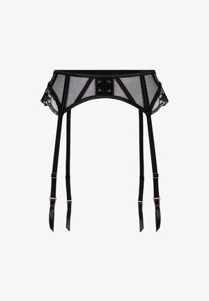 Reggicalze in rete nera con rifiniture in pizzo, dettagli in ottone color oro rosa, quattro cinturini regolabili e chiusura decorativa frontale con gancio a occhiello.