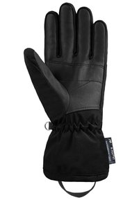 Schwarze Handschuhe mit Lederhandfläche und Rückseite aus synthetischem Textil, ausgestattet mit elastischem Bund und Haken für einen sicheren Verschluss.