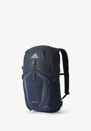 Dark blue Gregory Nano 24 backpack features a textured finish, contrasting orange accents, adjustable straps, and a sleek, aerodynamic design.