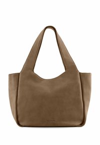 Borsa tote in pelle marrone con una texture liscia, larghe cinghie per la spalla e un'apertura superiore arrotondata; presenta un logo del marchio discreto sulla parte anteriore.