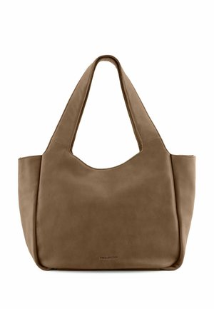 Borsa tote in pelle marrone con una texture liscia, larghe cinghie per la spalla e un'apertura superiore arrotondata; presenta un logo del marchio discreto sulla parte anteriore.