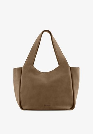 Braune Lederhandtasche mit glatter Textur, breiten Schulterriemen und runder obere Öffnung; verfügt über ein dezentes Markenlogo auf der Vorderseite.