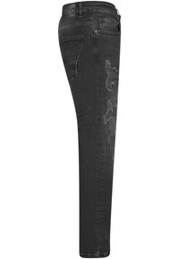 Czarne skinny jeans z przetarciami na lewym nogawce, elegancki fason oraz styl pięciu kieszeni z zapięciem na guzik.