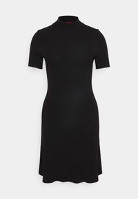 Robe noire côtelée avec un col haut, des manches courtes et une jupe évasée. Présente une silhouette ajustée et une texture lisse.