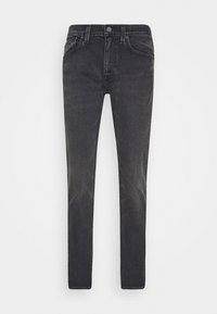 Slim fit mörkt grå denimjeans med framfickor, bältesöglor och knap stängning på en vit bakgrund.