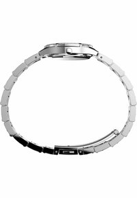 Zilveren metalen polshorloge met een slank, rond kast, een schakelband met afwisselend gepolijste en matte afwerkingen, en een glad, rond uurwerk.