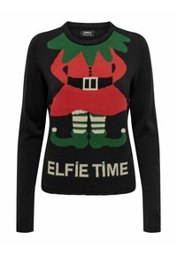 Svart tröja med en färgglad stickad design av en älva, med en röd klänning, gröna detaljer och texten "ELFIE TIME" nedan.