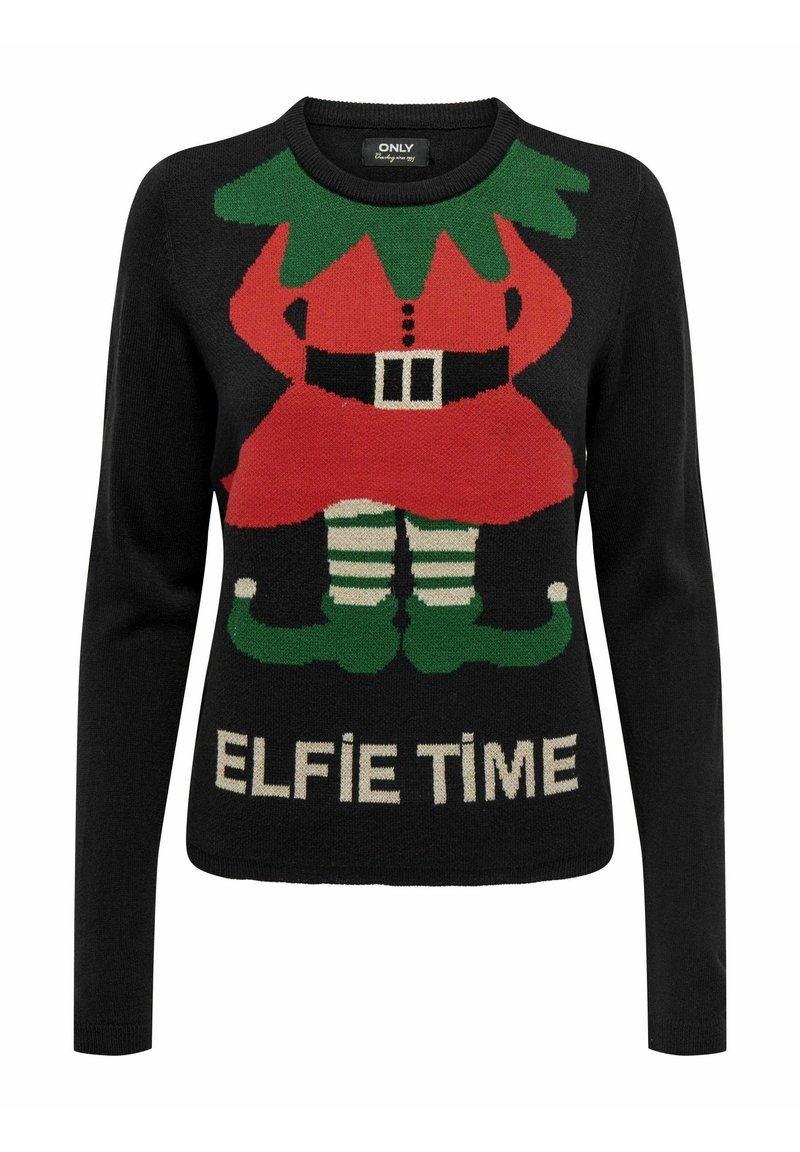 Svart tröja med en färgglad stickad design av en älva, med en röd klänning, gröna detaljer och texten "ELFIE TIME" nedan.