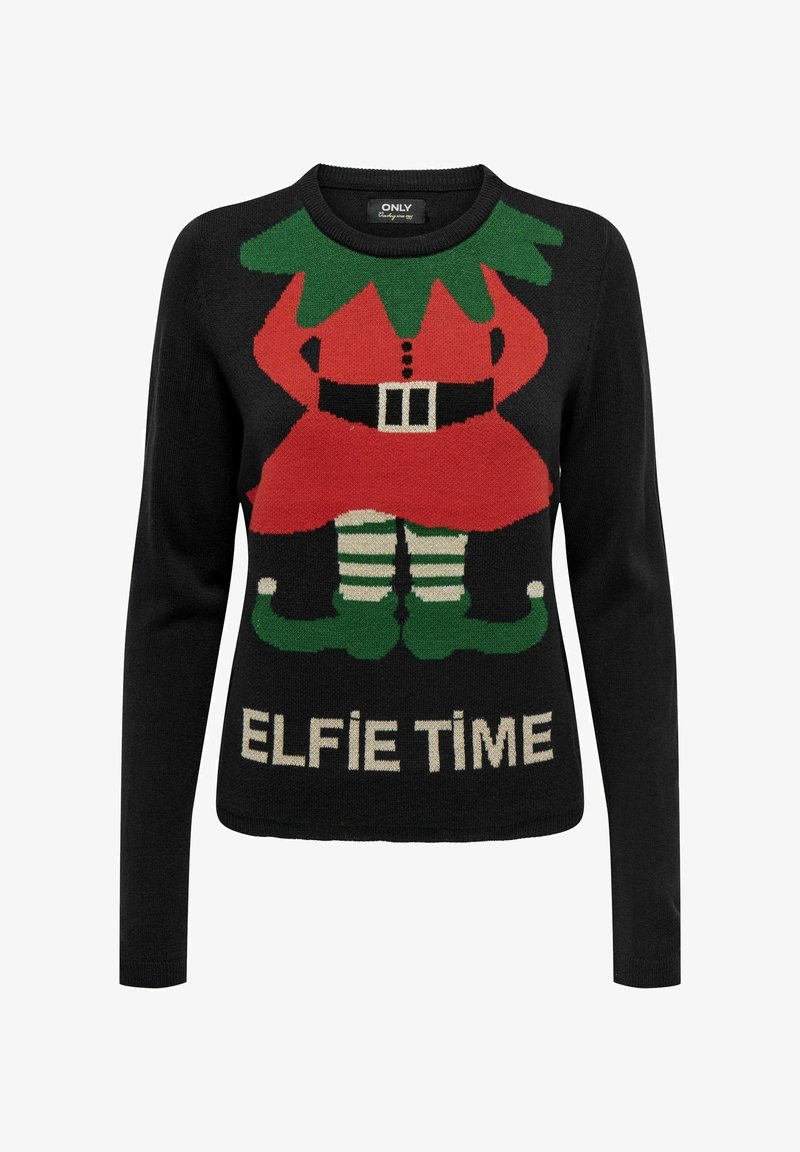 Svart tröja med en färgglad stickad design av en älva, med en röd klänning, gröna detaljer och texten "ELFIE TIME" nedan.