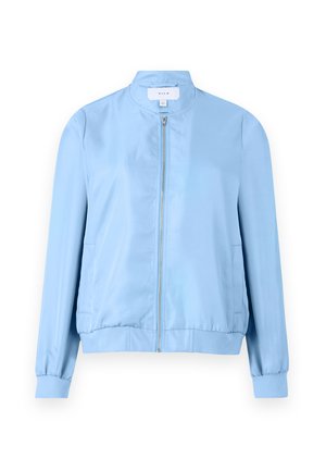 Veste bomber bleu clair, tissu lisse, fermeture éclair, poignets et ourlet côtelés, avec poches latérales, design simple sans motifs prononcés.