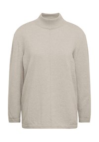 Hellgrauer Rollkragenpullover aus weichem Strickmaterial, mit langen Ärmeln und lockerer Passform sowie minimalen Nähten.