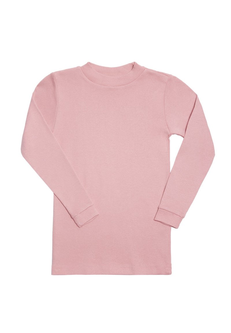 Camisa de manga larga en suave tela rosa. Cuello redondo, diseño sencillo, puños acanalados y textura sin adornos. Estilo casual y versátil.