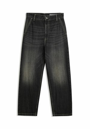 crne traperice od trapera s širokim krojem, s kopčanjem na gumb, pet džepova i suptilnim izbljeđivanjem. Kontrastni šavovi duž šavova.