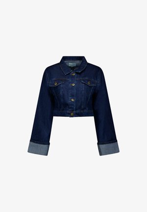 Dark blue denim cropped jacket with two chest pockets, button closure, and rolled cuffs. Features a classic collar and a fitted design.