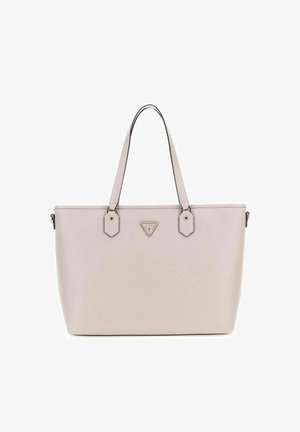 Sac fourre-tout rose clair, fabriqué en matériau synthétique texturé. Présente des poignées doubles, des accents hexagonaux et un détail de logo à l'avant.