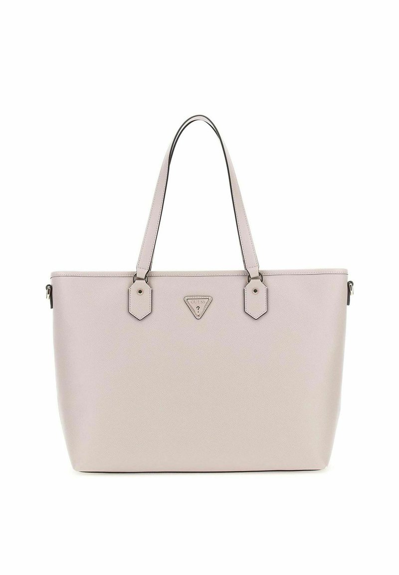 Borsa a tracolla rosa chiaro, realizzata in materiale sintetico testurizzato. Dotata di doppi manici, dettagli esagonali e un logo sulla parte frontale.