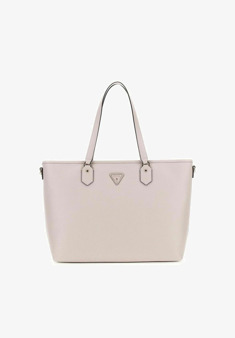 Borsa a tracolla rosa chiaro, realizzata in materiale sintetico testurizzato. Dotata di doppi manici, dettagli esagonali e un logo sulla parte frontale.