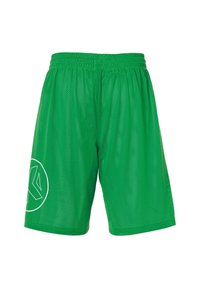 Groene mesh basketbalshorts met een elastische tailleband, voorzien van een groot wit logo op het linkerbeen en een losse, ademende pasvorm.