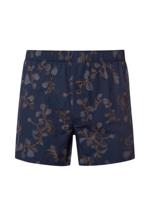 Pánské plavkové šortky v tmavě modré látce s květinovým vzorem v hnědé a světle modré barvě. Elastický pas se zapínáním na knoflík. Volný design.