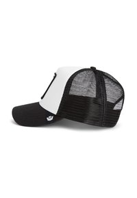 Black and white trucker cap made of fabric and mesh. Features a curved brim, adjustable strap, and logo accent on the side.
