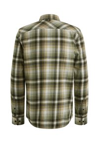 Camicia a maniche lunghe a quadri in verde, giallo e nero. Realizzata in tessuto con un aspetto texture, presenta polsini a bottoni e un colletto.