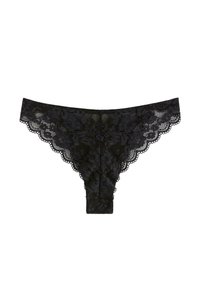 Sort blonderi-g-streng med blomsterdesignet mønster, bølgede kanter og en halv-gennemsigtig tekstur. Tynde sider for minimal dækning bagpå.