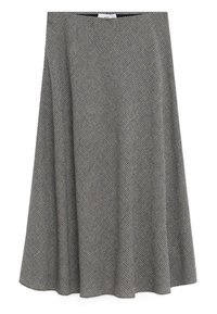Jupe midi trapèze à carreaux noirs et blancs avec une ceinture et un tissu fluide.