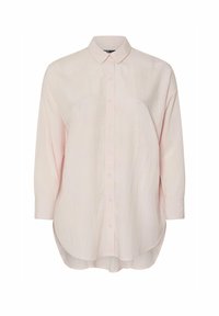 Ljust rosa skjorta med knäppning, spetsig krage, långa ärmar och rundad nederkant. Tillverkad av ett texturerat tyg med synliga sömmar.