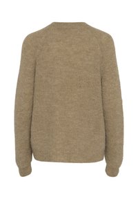 Beige neulepaita, jossa on pyöreä kaula-aukko, pitkät hihat ja pehmeä tekstuuri. Ominaisuuksiin kuuluu rento malli sekä ribbauskantit helmassa ja hihoissa.
