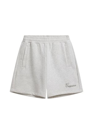 Lysegrå afslappede shorts med elastisk linning, sidelommer og "Caspara" broderet på nederste højre ben.