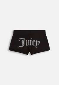 Schwarze Shorts aus weichem Stoff, mit einem großen, mit Kristallen besetzten "Juicy"-Logo in geschwungener Schrift auf der Rückseite.
