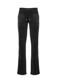 Pantalons évasés en daim noir avec une taille élastique, deux poches avant et un cordon de serrage réglable. Texture lisse et design simple.