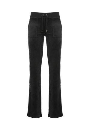 Pantaloni neri in suede a campana con vita elastica, due tasche frontali e cordoncino regolabile. Texture liscia e design semplice.