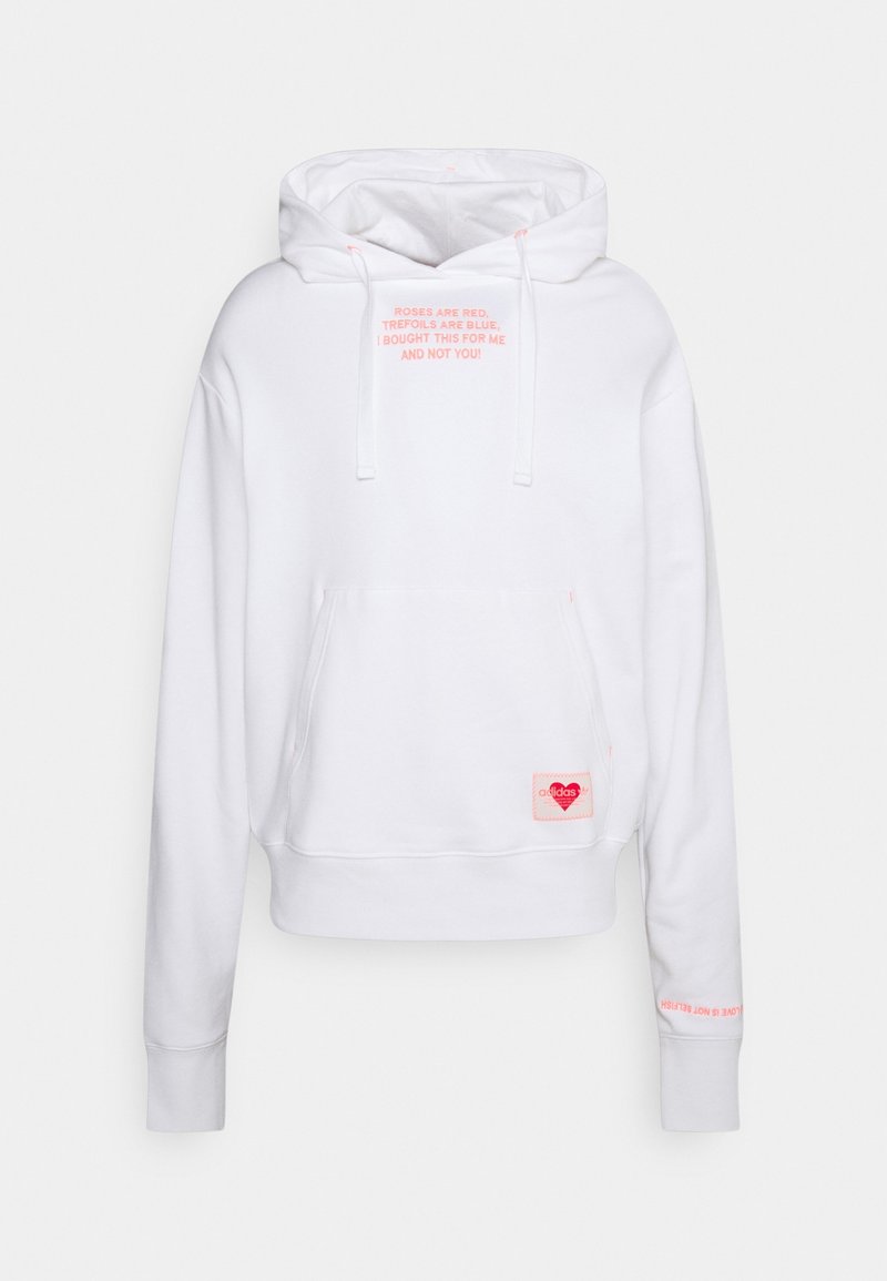 White pullover hoodie with pink text, front pocket, and branding label. Soft fabric, drawstring hood, and ribbed cuffs.