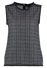  bezrukávový černo-bílý top s texturovaným, tkaným vzorem, s kulatým výstřihem a surovými okraji. Zapínání na zip na zadní straně.