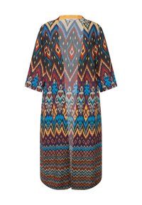 Monivärinen, kuviollinen kimono, jossa on lyhyet hihat. Esittelee geometrisia kuvioita punaisena, sinisenä ja keltaisena tummalla taustalla. Kevyt materiaali.