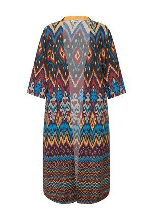 Multicolored, patterned kimono with short sleeves. Features geometric designs in red, blue, and yellow against a dark background. Lightweight material.