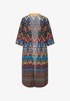 Kimono multicolore e decorato con maniche corte. Presenta disegni geometrici in rosso, blu e giallo su uno sfondo scuro. Materiale leggero.