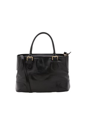 Borsa tote in pelle nera con un design strutturato, due manici superiori, hardware in tonalità oro e chiusura con zip. Texture liscia con cuciture decorative.