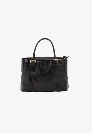 Zwarte leren tote bag met een gestructureerd ontwerp, twee handvatten bovenaan, goudkleurige accenten en een ritssluiting. Gladde textuur met accentstiksels.