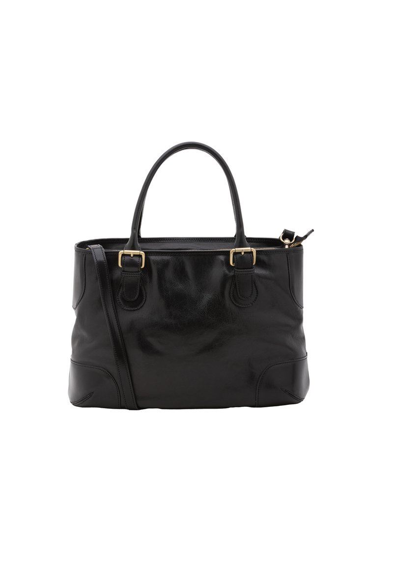 Borsa tote in pelle nera con un design strutturato, due manici superiori, hardware in tonalità oro e chiusura con zip. Texture liscia con cuciture decorative.