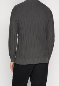 Grauer gestrickter Pullover mit gerippter Textur. Mit Rundhals und langen Ärmeln. Saum und Bündchen sind ebenfalls gerippt. Rückansicht gezeigt.