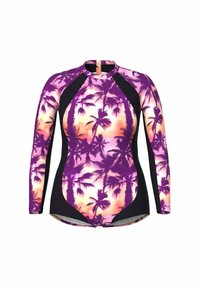 Langlopende zwemoutfit met een paarse palmbomenprint op de voorkant en zwarte accentpanelen aan de zijkanten en op de mouwen. Duurzaam stof.